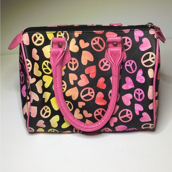 Women's Peace and Love Bitsy Satchel Bag, Black/Pink, size 8”x5”x6” - Picture 2 of 7